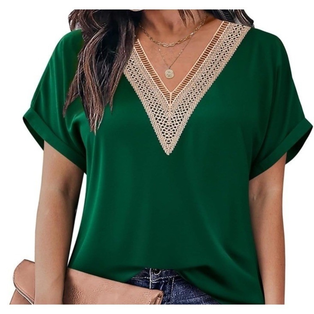 Mirol Crochet V-Neck Top Women Large Green NWT Summer Cap Sleeve Pullover C432